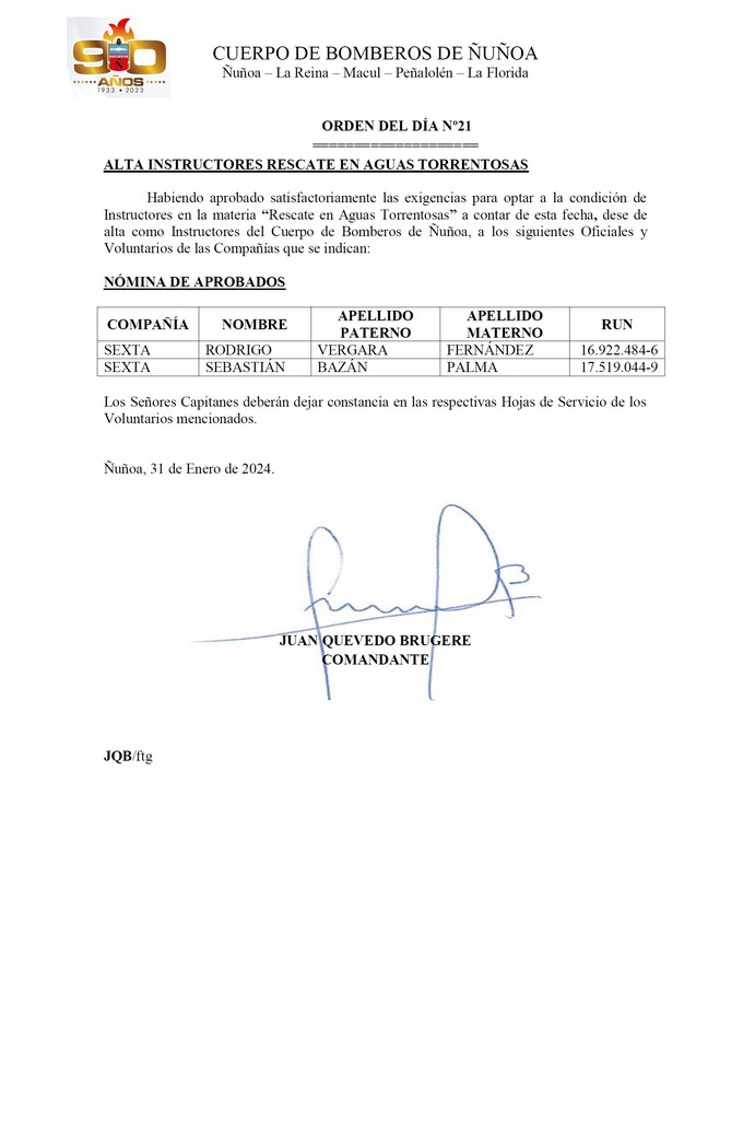 ORDEN DEL DÍA Nº 0212024 CBÑ Cuerpo de bomberos de Ñuñoa.